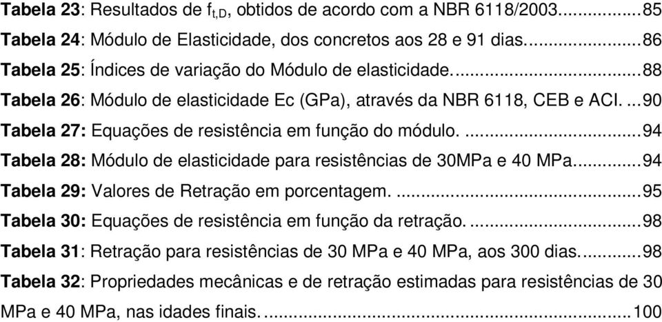 ...90 Tabela 27: Equações de resistência em função do módulo....94 Tabela 28: Módulo de elasticidade para resistências de 30MPa e 40 MPa.