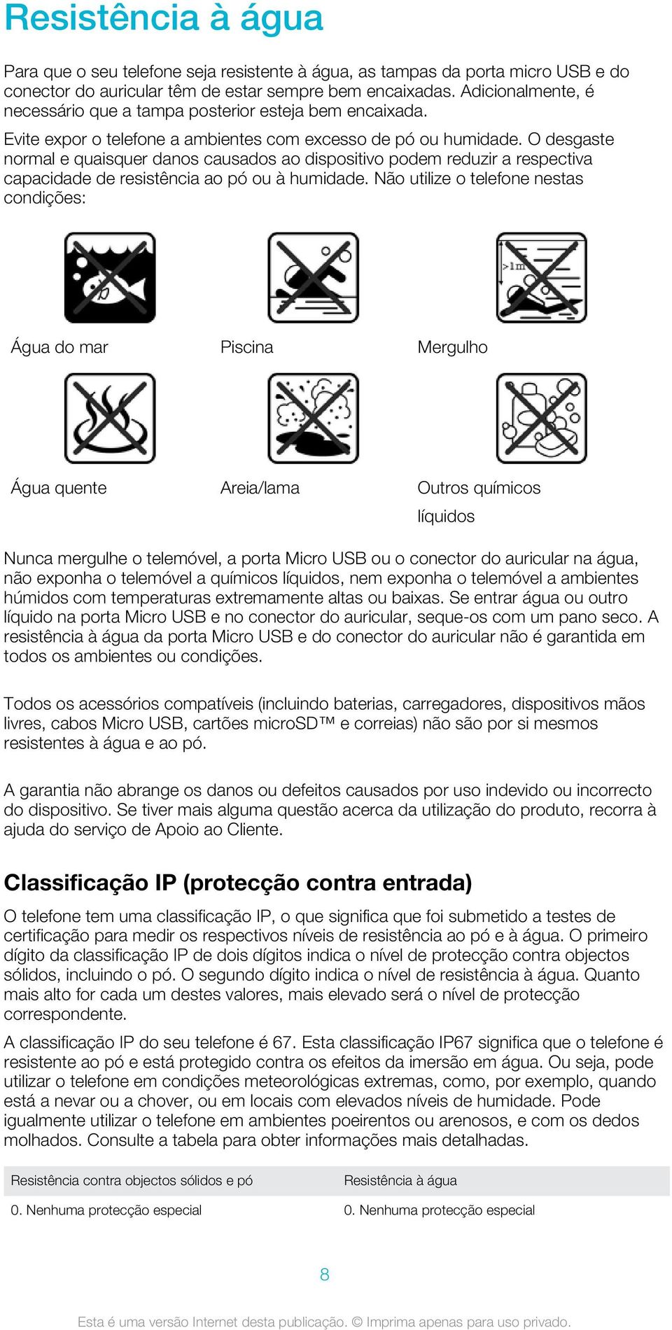 O desgaste normal e quaisquer danos causados ao dispositivo podem reduzir a respectiva capacidade de resistência ao pó ou à humidade.