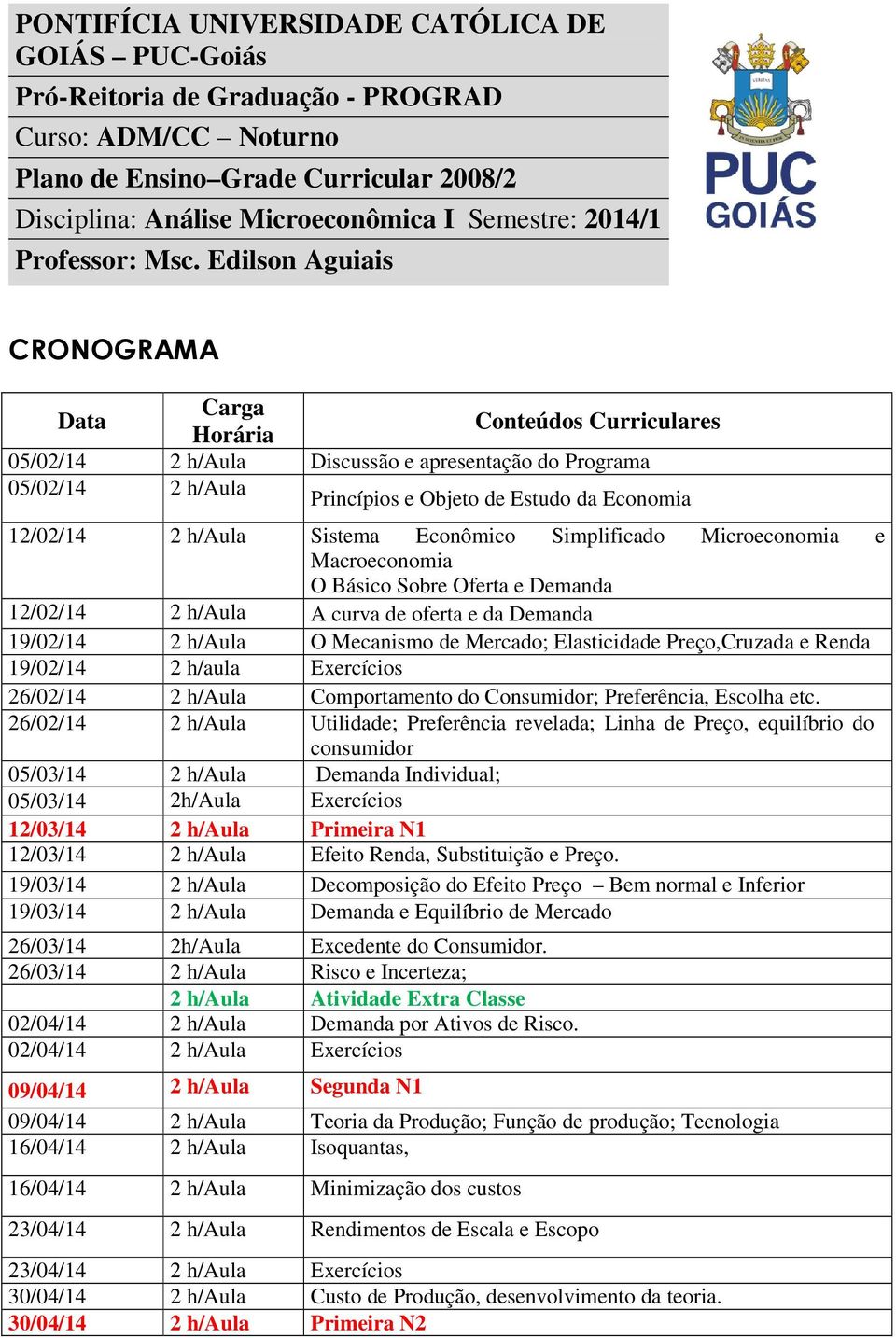 Preço,Cruzada e Renda 19/02/14 2 h/aula Exercícios 26/02/14 2 h/aula Comportamento do Consumidor; Preferência, Escolha etc.