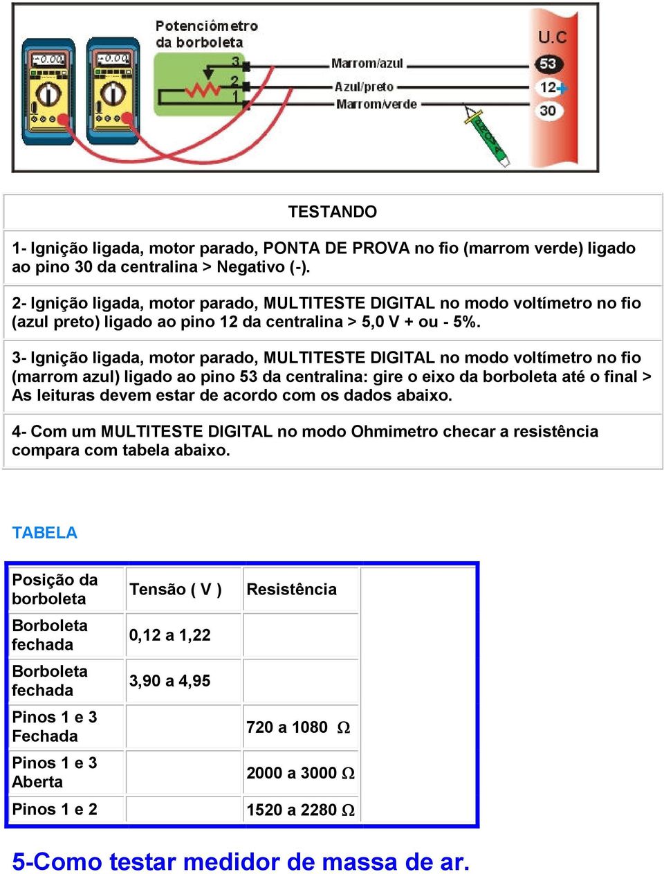 3- Ignição ligada, motor parado, MULTITESTE DIGITAL no modo voltímetro no fio (marrom azul) ligado ao pino 53 da centralina: gire o eixo da borboleta até o final > As leituras devem estar de acordo