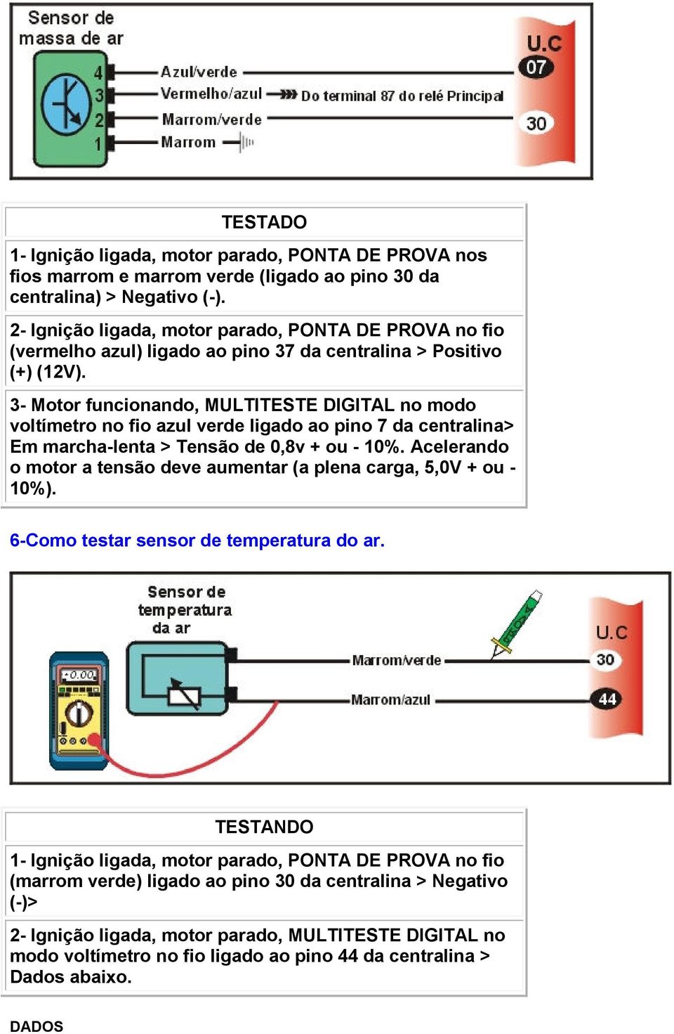 3- Motor funcionando, MULTITESTE DIGITAL no modo voltímetro no fio azul verde ligado ao pino 7 da centralina> Em marcha-lenta > Tensão de 0,8v + ou - 10%.