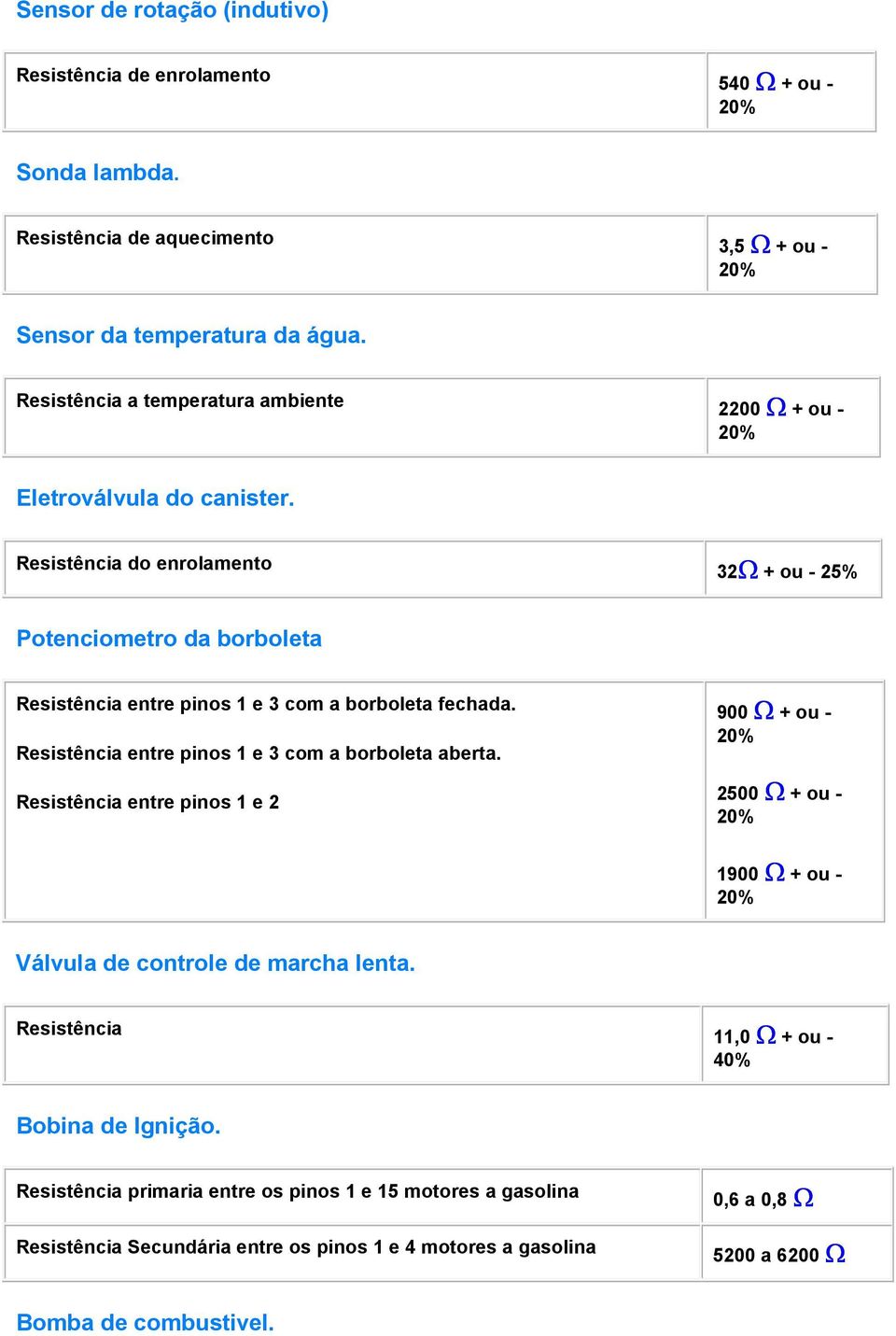 Resistência do enrolamento 32Ω + ou - 25% Potenciometro da borboleta Resistência entre pinos 1 e 3 com a borboleta fechada. Resistência entre pinos 1 e 3 com a borboleta aberta.