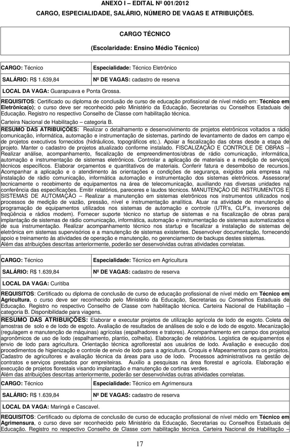 REQUISITOS: Certificado ou diploma de conclusão de curso de educação profissional de nível médio em: Técnico em Eletrônica(o); o curso deve ser reconhecido pelo Ministério da Educação, Secretarias ou