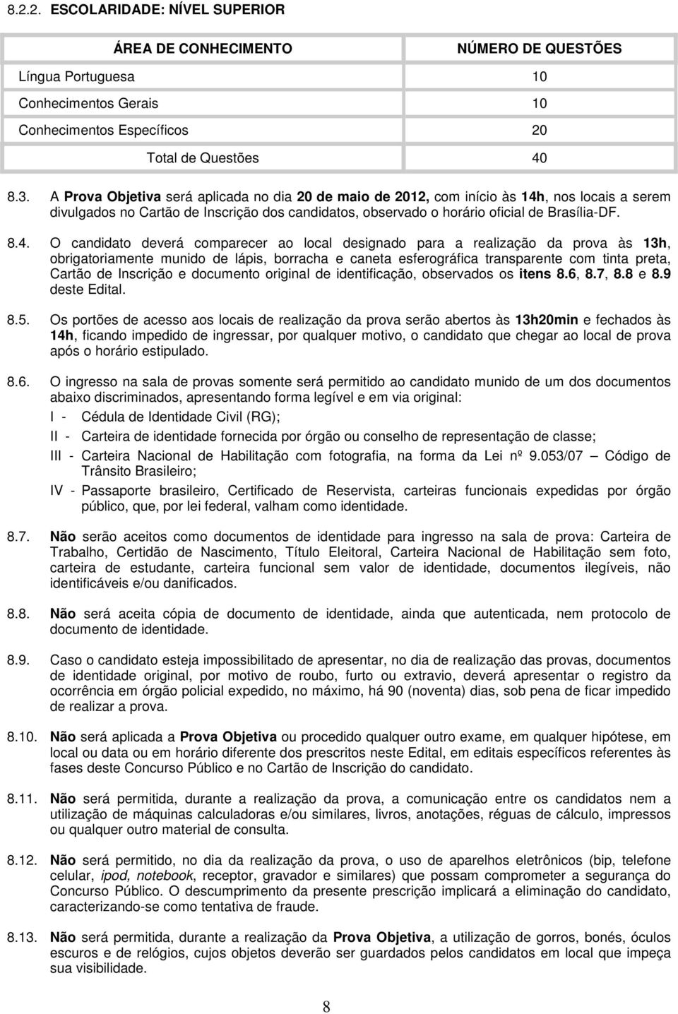 , nos locais a serem divulgados no Cartão de Inscrição dos candidatos, observado o horário oficial de Brasília-DF. 8.4.