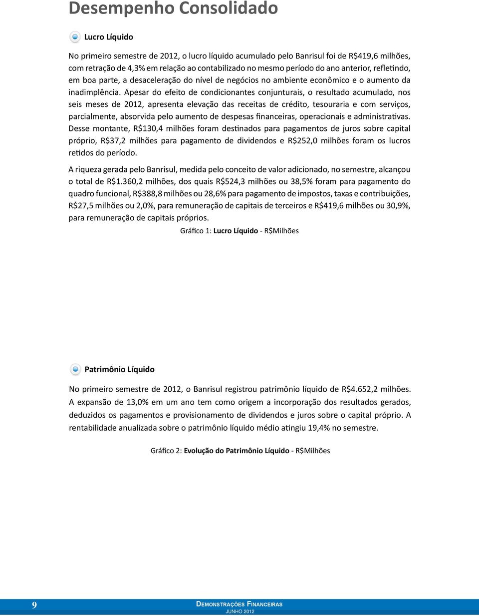 Apesar do efeito de condicionantes conjunturais, o resultado acumulado, nos seis meses de 2012, apresenta elevação das receitas de crédito, tesouraria e com serviços, parcialmente, absorvida pelo