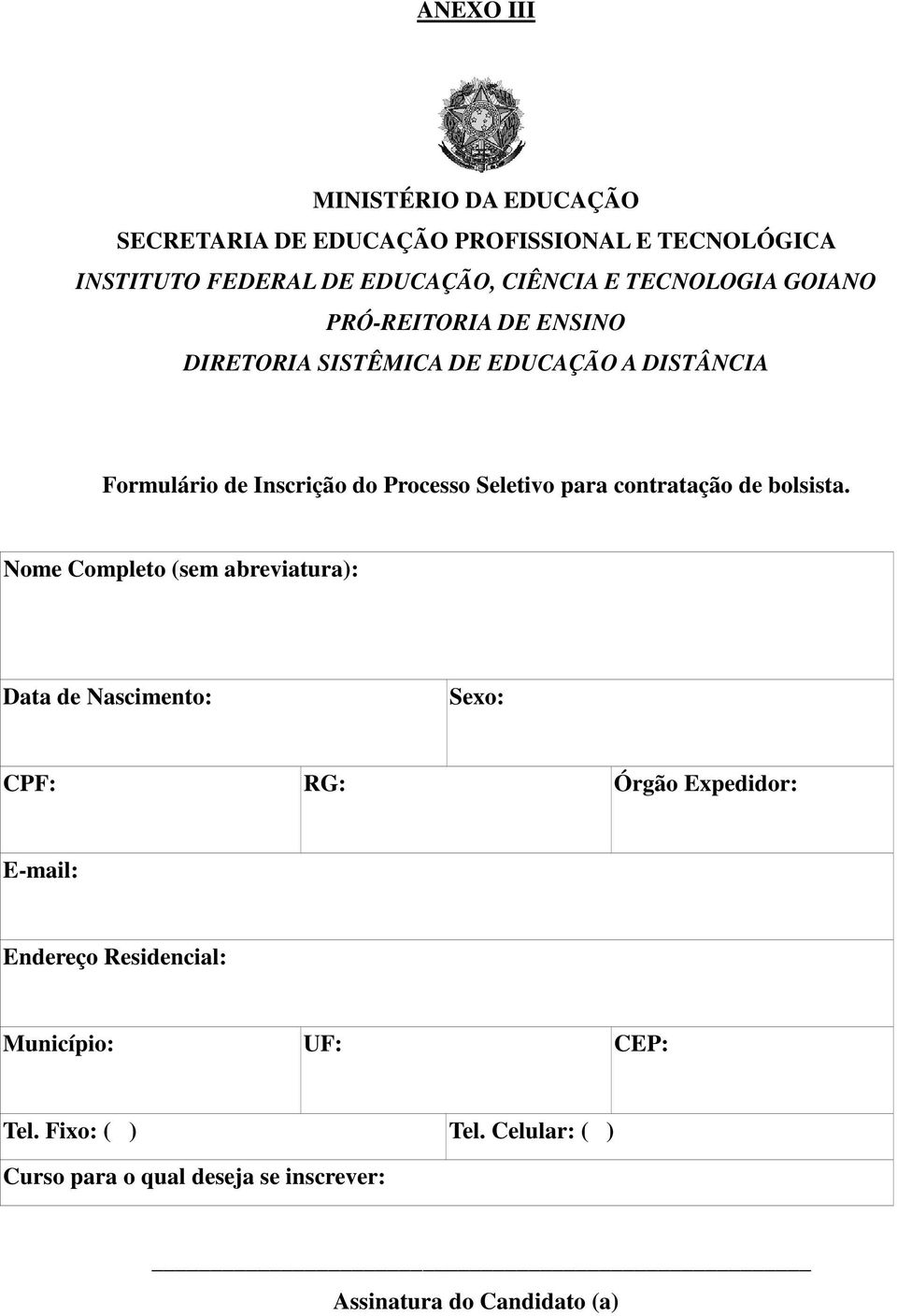 para contratação de bolsista.