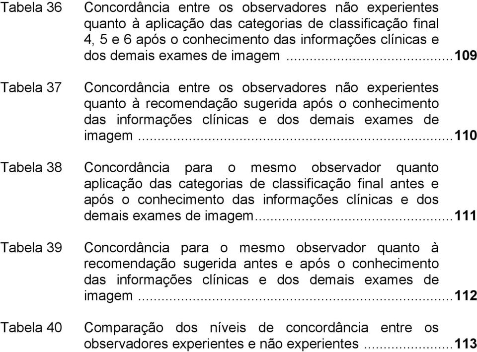 ..110 Tabela 38 Concordância para o mesmo observador quanto aplicação das categorias de classificação final antes e após o conhecimento das informações clínicas e dos demais exames de imagem.