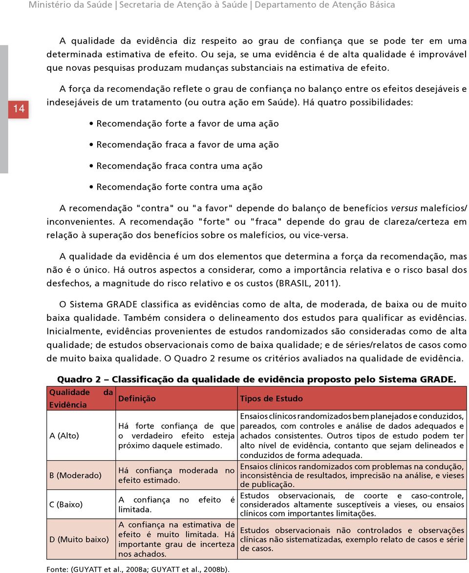 14 A força da recomendação reflete o grau de confiança no balanço entre os efeitos desejáveis e indesejáveis de um tratamento (ou outra ação em Saúde).