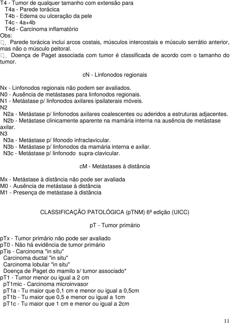 cn - Linfonodos regionais Nx - Linfonodos regionais não podem ser avaliados. N0 - Ausência de metástases para linfonodos regionais. N1 - Metástase p/ linfonodos axilares ipsilaterais móveis.