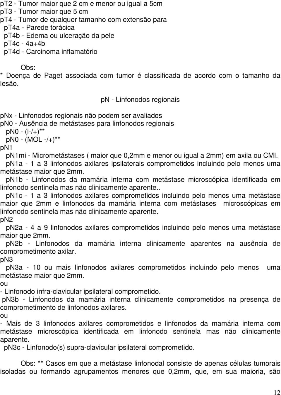 pn - Linfonodos regionais pnx - Linfonodos regionais não podem ser avaliados pn0 - Ausência de metástases para linfonodos regionais pn0 - (i-/+)** pn0 - (MOL -/+)** pn1 pn1mi - Micrometástases (