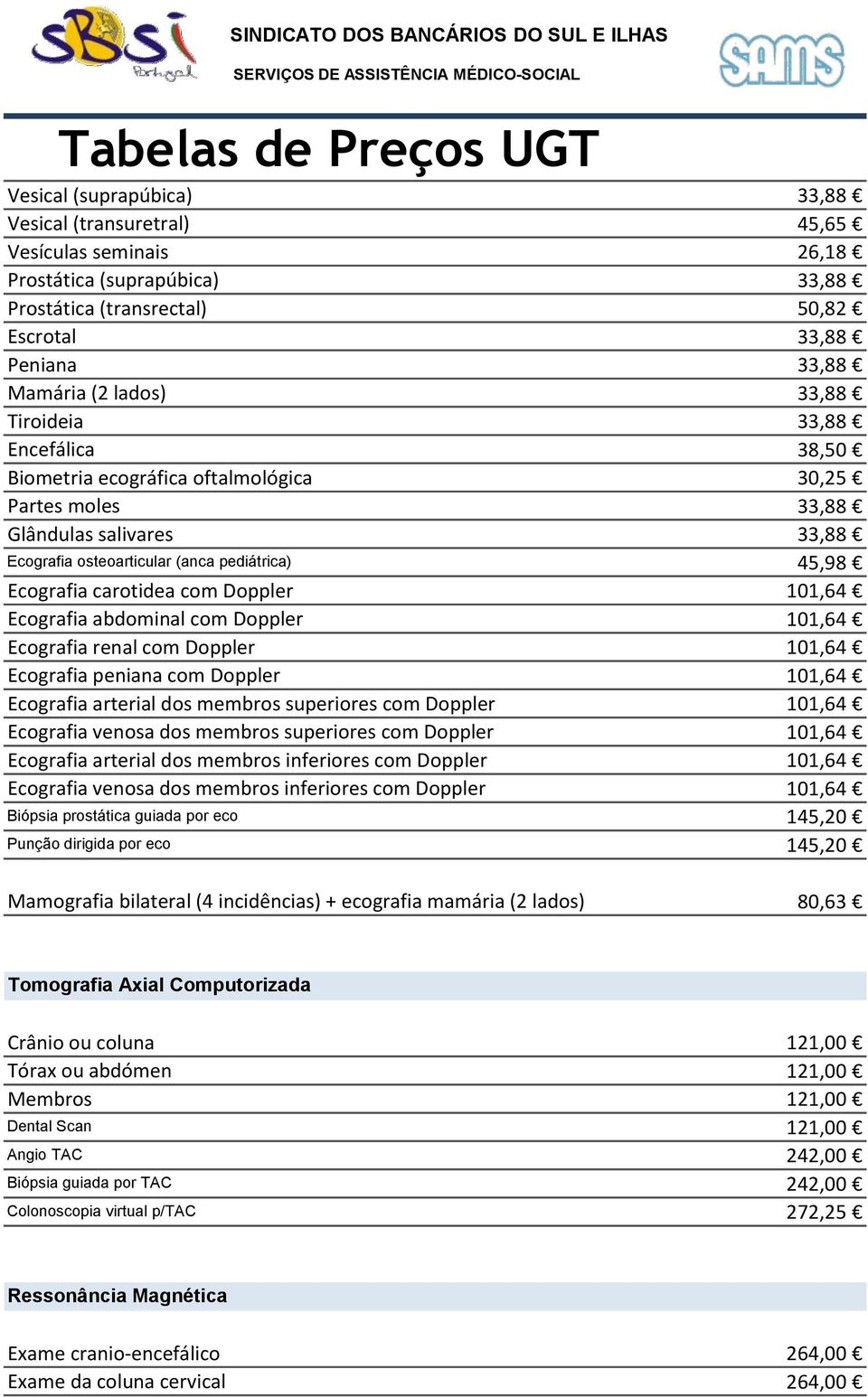 101,64 Ecografia abdominal com Doppler 101,64 Ecografia renal com Doppler 101,64 Ecografia peniana com Doppler 101,64 Ecografia arterial dos membros superiores com Doppler 101,64 Ecografia venosa dos