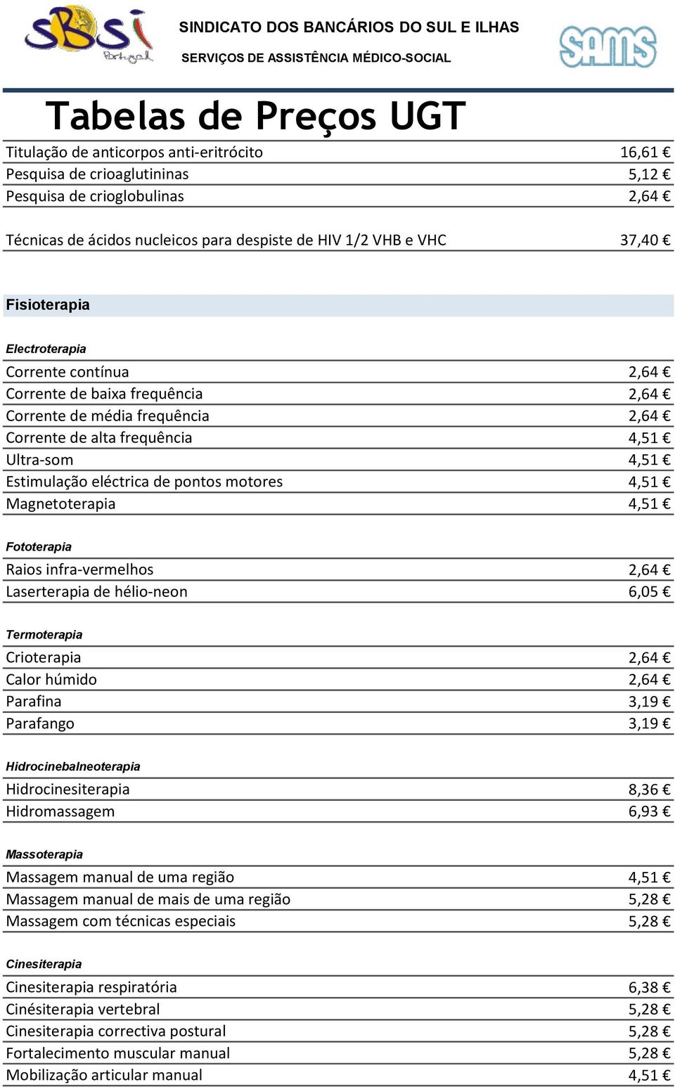 Magnetoterapia 4,51 Fototerapia Raios infra-vermelhos 2,64 Laserterapia de hélio-neon 6,05 Termoterapia Crioterapia 2,64 Calor húmido 2,64 Parafina 3,19 Parafango 3,19 Hidrocinebalneoterapia