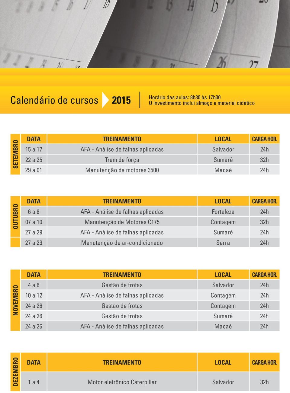 falhas aplicadas Sumaré 24h 27 a 29 Manutenção de ar-condicionado Serra 24h NOVEMBRO 4 a 6 Gestão de frotas Salvador 24h 10 a 12 AFA - Análise de falhas aplicadas Contagem 24h