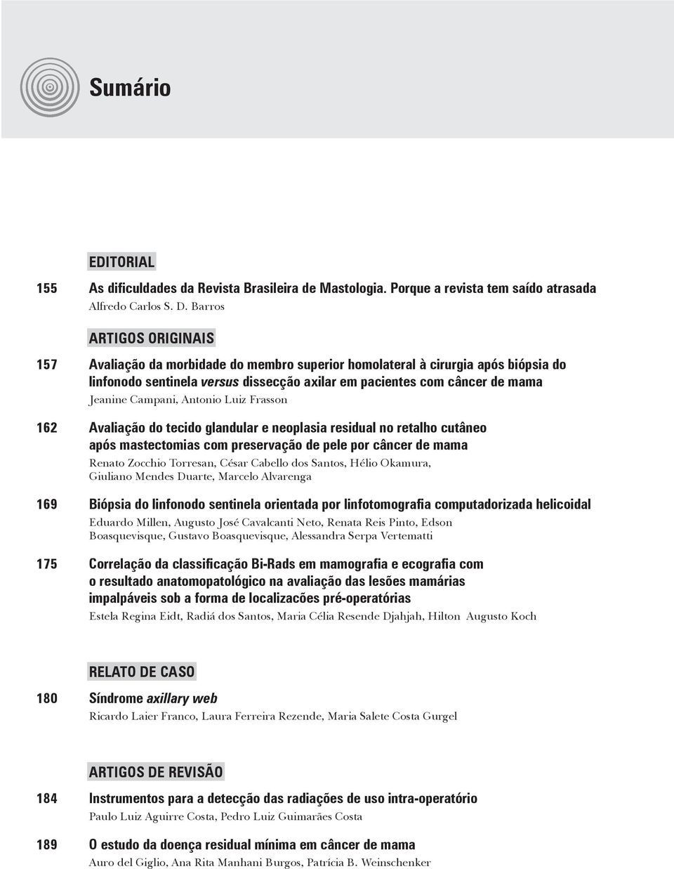 Campani, Antonio Luiz Frasson 162 Avaliação do tecido glandular e neoplasia residual no retalho cutâneo após mastectomias com preservação de pele por câncer de mama Renato Zocchio Torresan, César