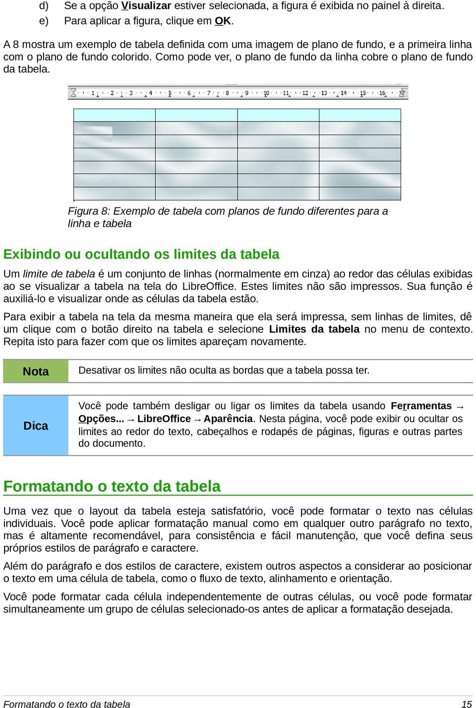 Figura 8: Exemplo de tabela com planos de fundo diferentes para a linha e tabela Exibindo ou ocultando os limites da tabela Um limite de tabela é um conjunto de linhas (normalmente em cinza) ao redor