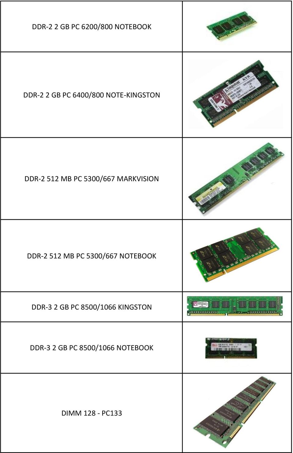 512 MB PC 5300/667 NOTEBOOK DDR-3 2 GB PC 8500/1066