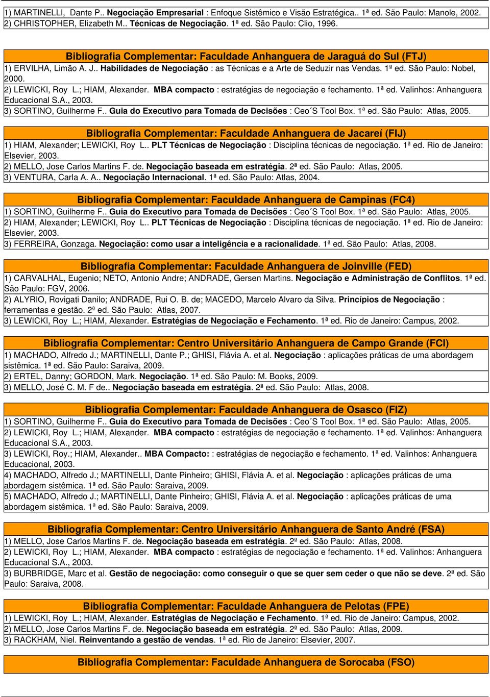 2) LEWICKI, Roy L.; HIAM, Alexander. MBA compacto : estratégias de negociação e fechamento. 1ª ed. Valinhos: Anhanguera 3) SORTINO, Guilherme F.