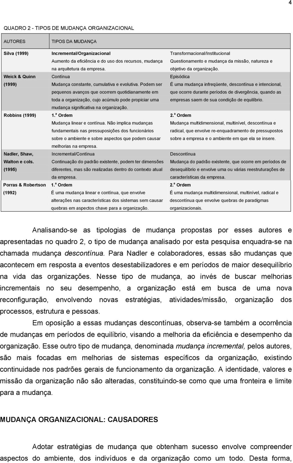 Contínua Mudança constante, cumulativa e evolutiva. Podem ser pequenos avanços que ocorrem quotidianamente em toda a organização, cujo acúmulo pode propiciar uma mudança significativa na organização.