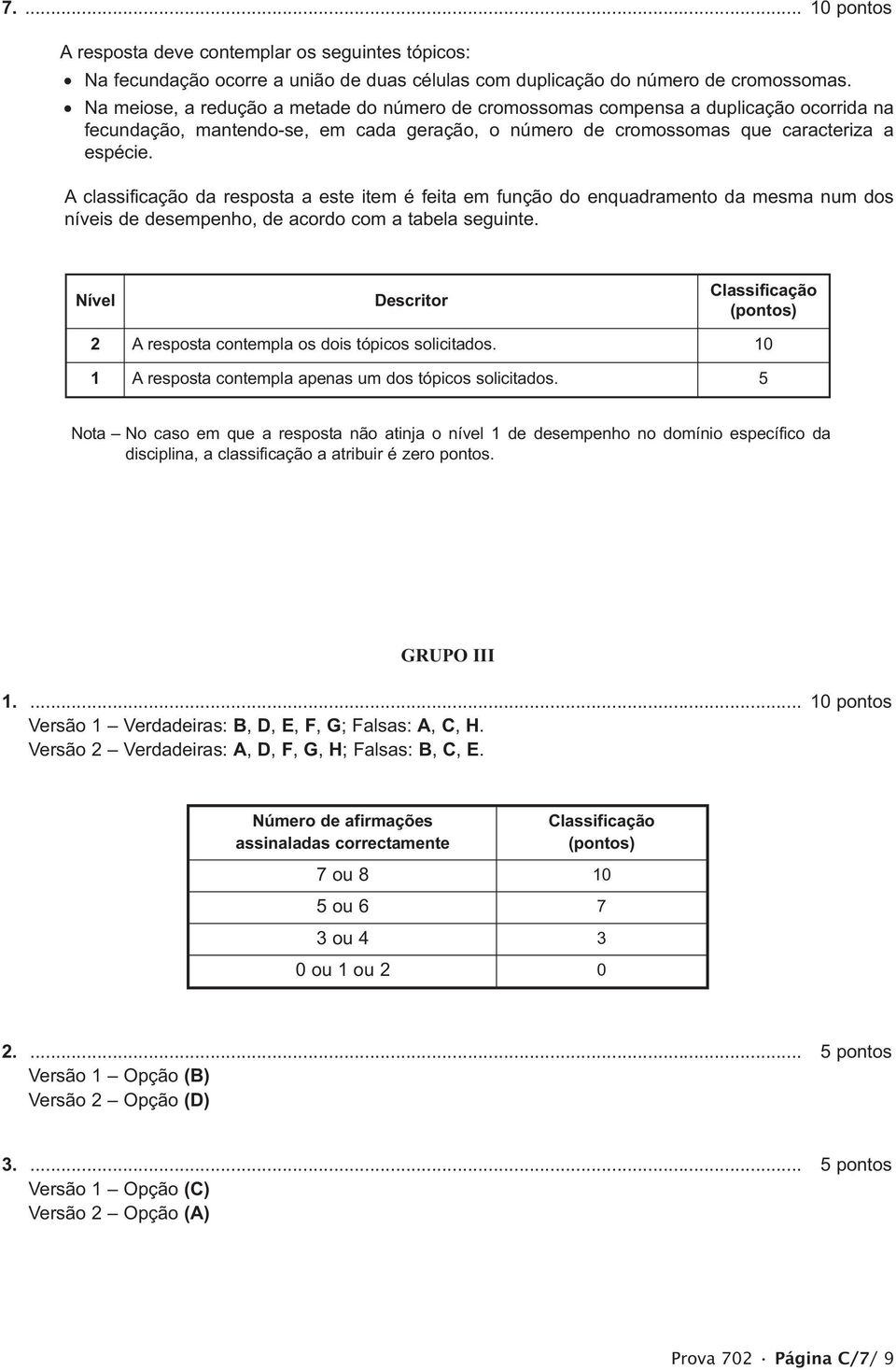 A classificação da resposta a este item é feita em função do enquadramento da mesma num dos níveis de desempenho, de acordo com a tabela seguinte. 2 A resposta contempla os dois tópicos solicitados.