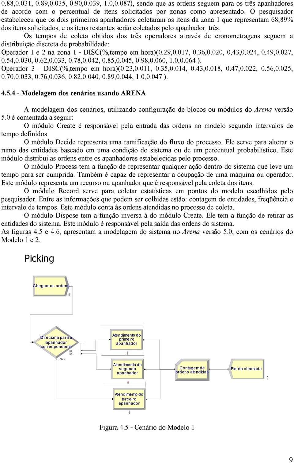 Os tempos de coleta obtidos dos três operadores através de cronometragens seguem a distribuição discreta de probabilidade: Operador 1 e 2 na zona 1 - DISC(%,tempo em hora)(0.29,0.017, 0.36,0.020, 0.