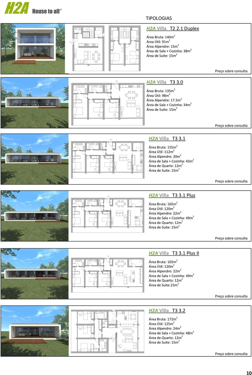 1 Área Bruta: 155m 2 Área Útil: 112m 2 Área Alpendre: 20m 2 Área de Sala + Cozinha: 43m 2 Área de Suite: 15m 2 H2A Villa T3 3.