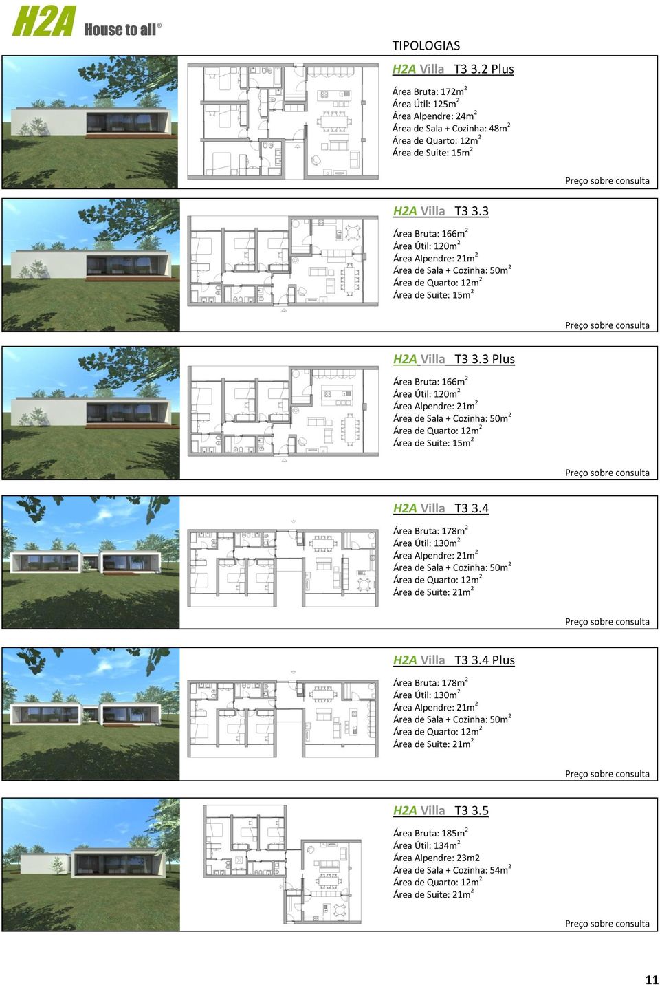 3 Plus Área Bruta: 166m 2 Área Útil: 120m 2 Área Alpendre: 21m 2 Área de Sala + Cozinha: 50m 2 Área de Suite: 15m 2 H2A Villa T3 3.