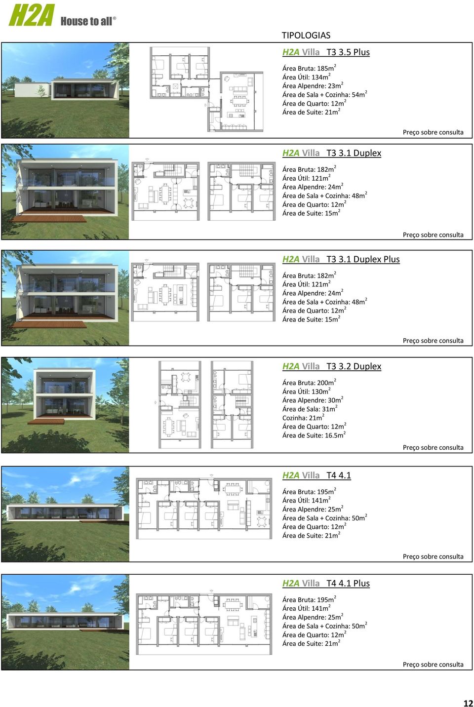 1 Duplex Plus Área Bruta: 182m 2 Área Útil: 121m 2 Área Alpendre: 24m 2 Área de Sala + Cozinha: 48m 2 Área de Suite: 15m 2 H2A Villa T3 3.