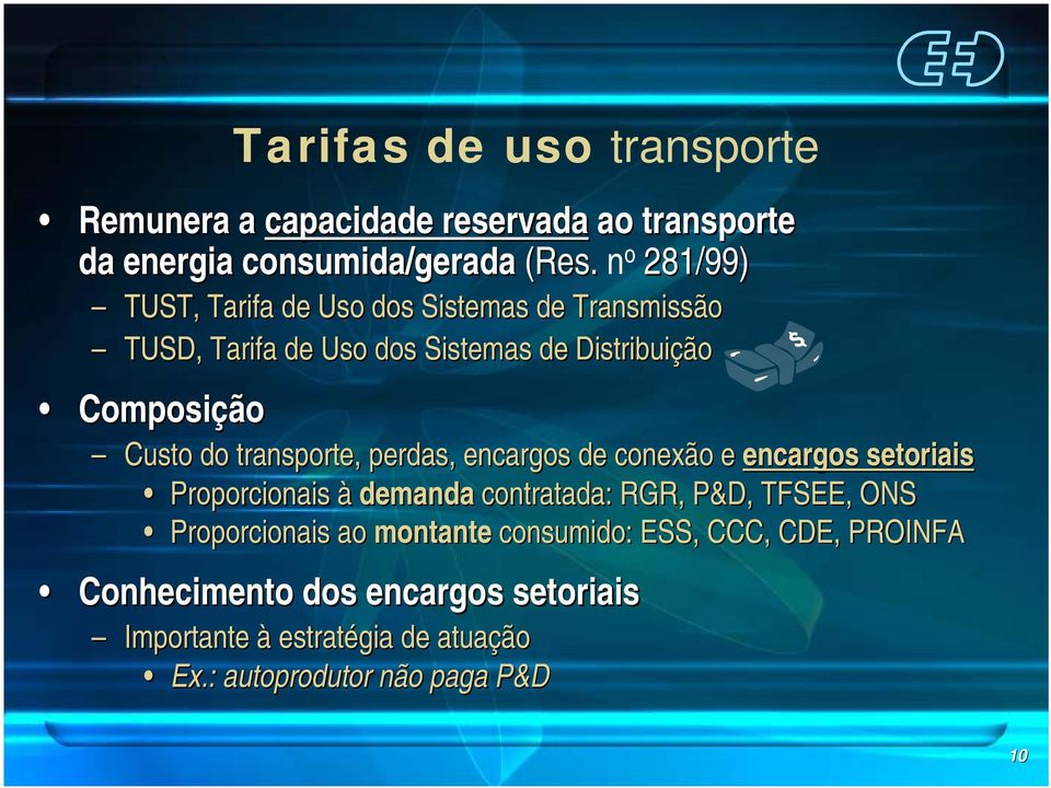 transporte, perdas, encargos de conexão e encargos setoriais Proporcionais à demanda contratada: RGR, P&D, TFSEE, ONS