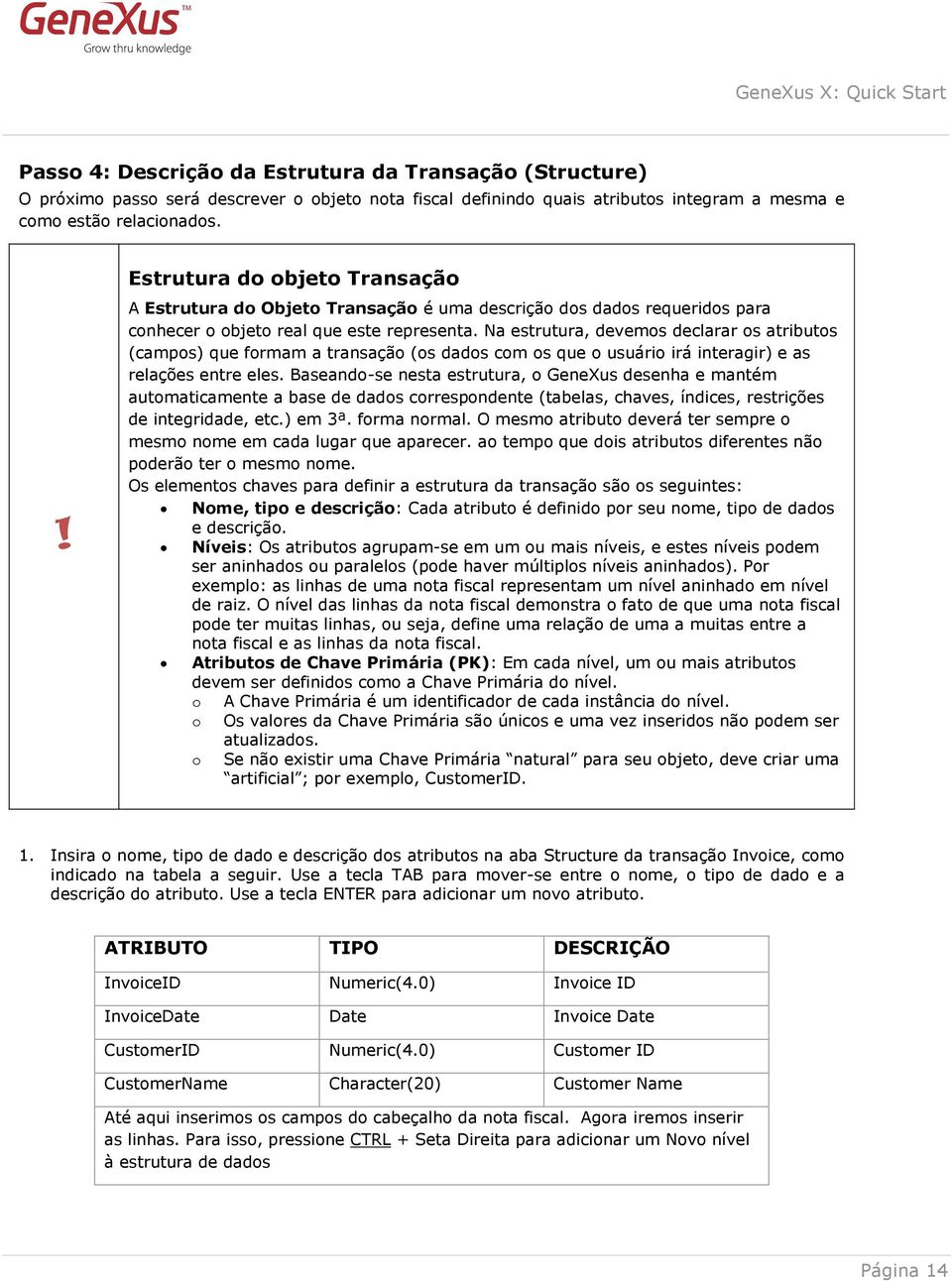 Na estrutura, devemos declarar os atributos (campos) que formam a transação (os dados com os que o usuário irá interagir) e as relações entre eles.