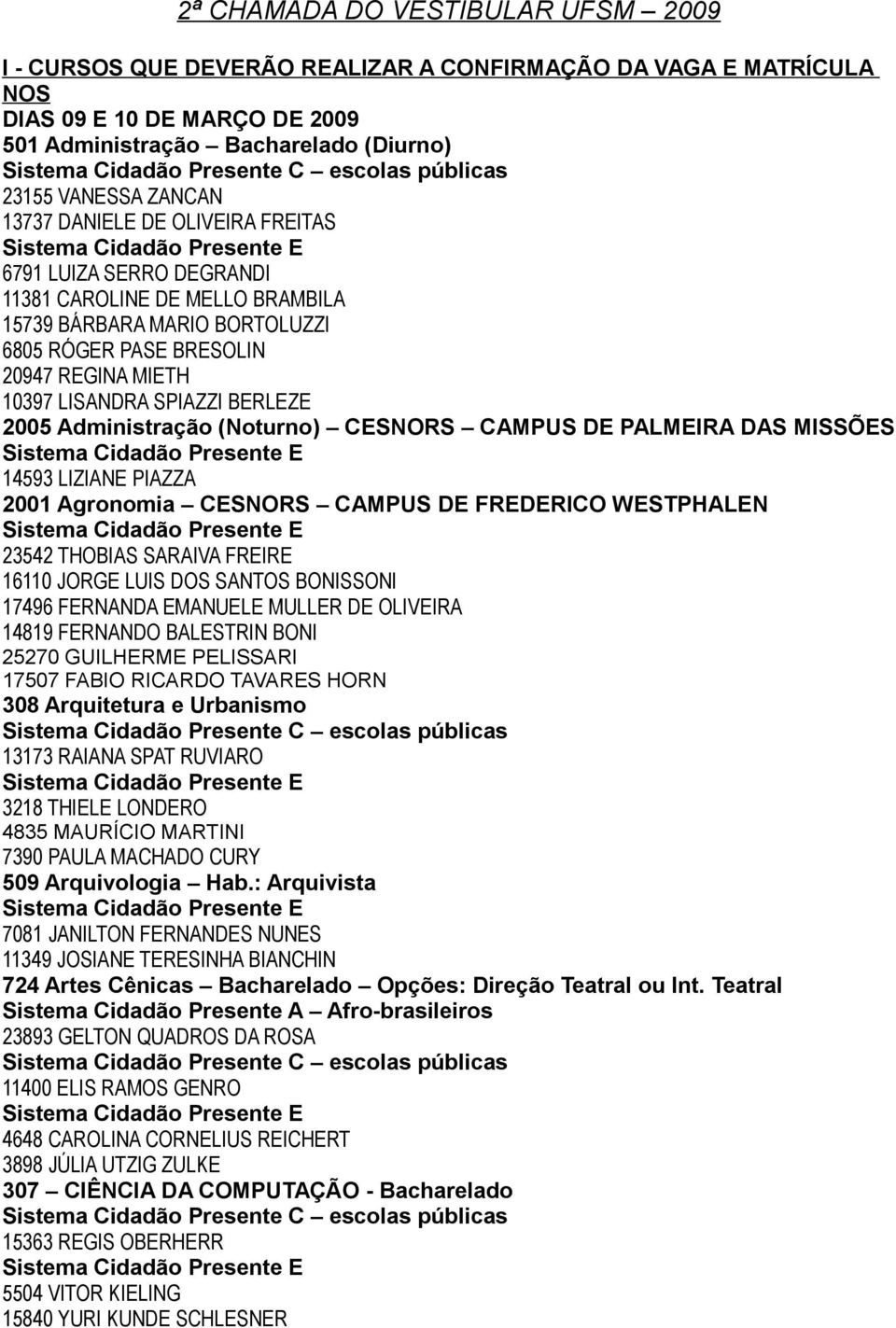 2005 Administração (Noturno) CESNORS CAMPUS DE PALMEIRA DAS MISSÕES 14593 LIZIANE PIAZZA 2001 Agronomia CESNORS CAMPUS DE FREDERICO WESTPHALEN 23542 THOBIAS SARAIVA FREIRE 16110 JORGE LUIS DOS SANTOS