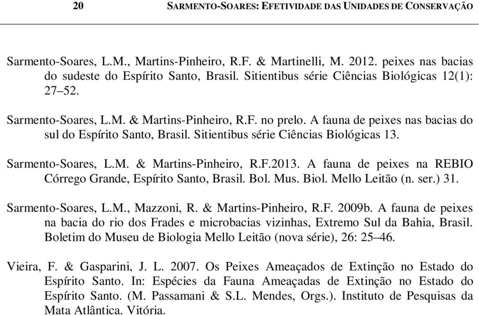 Sitientibus série Ciências Biológicas 13. Sarmento-Soares, L.M. & Martins-Pinheiro, R.F.2013. A fauna de peixes na REBIO Córrego Grande, Espírito Santo, Brasil. Bol. Mus. Biol. Mello Leitão (n. ser.