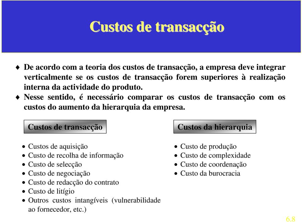 Custos de transacção Custos de aquisição Custo de recolha de informação Custo de selecção Custo de negociação Custo de redacção do contrato Custo de litígio