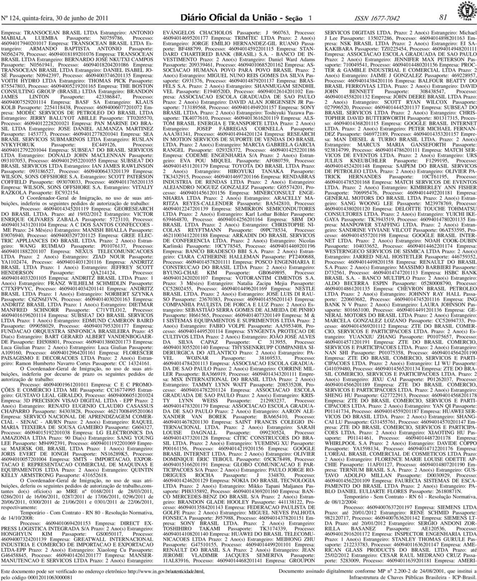Processo: 46094018204201086 Empresa: TRANSOCEAN BRASIL LTDA Estrangeiro: DANIEL ISABEL JO- SÉ Passaporte: N0942397, Processo: 46094003746201135 Empresa: VOITH HYDRO LTDA Estrangeiro: THOMAS PICK