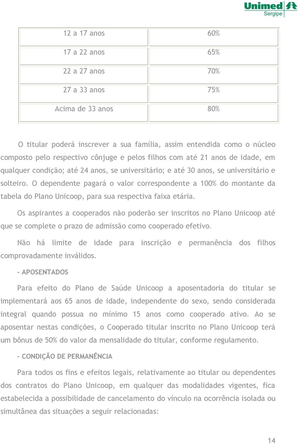 O dependente pagará o valor correspondente a 100% do montante da tabela do Plano Unicoop, para sua respectiva faixa etária.