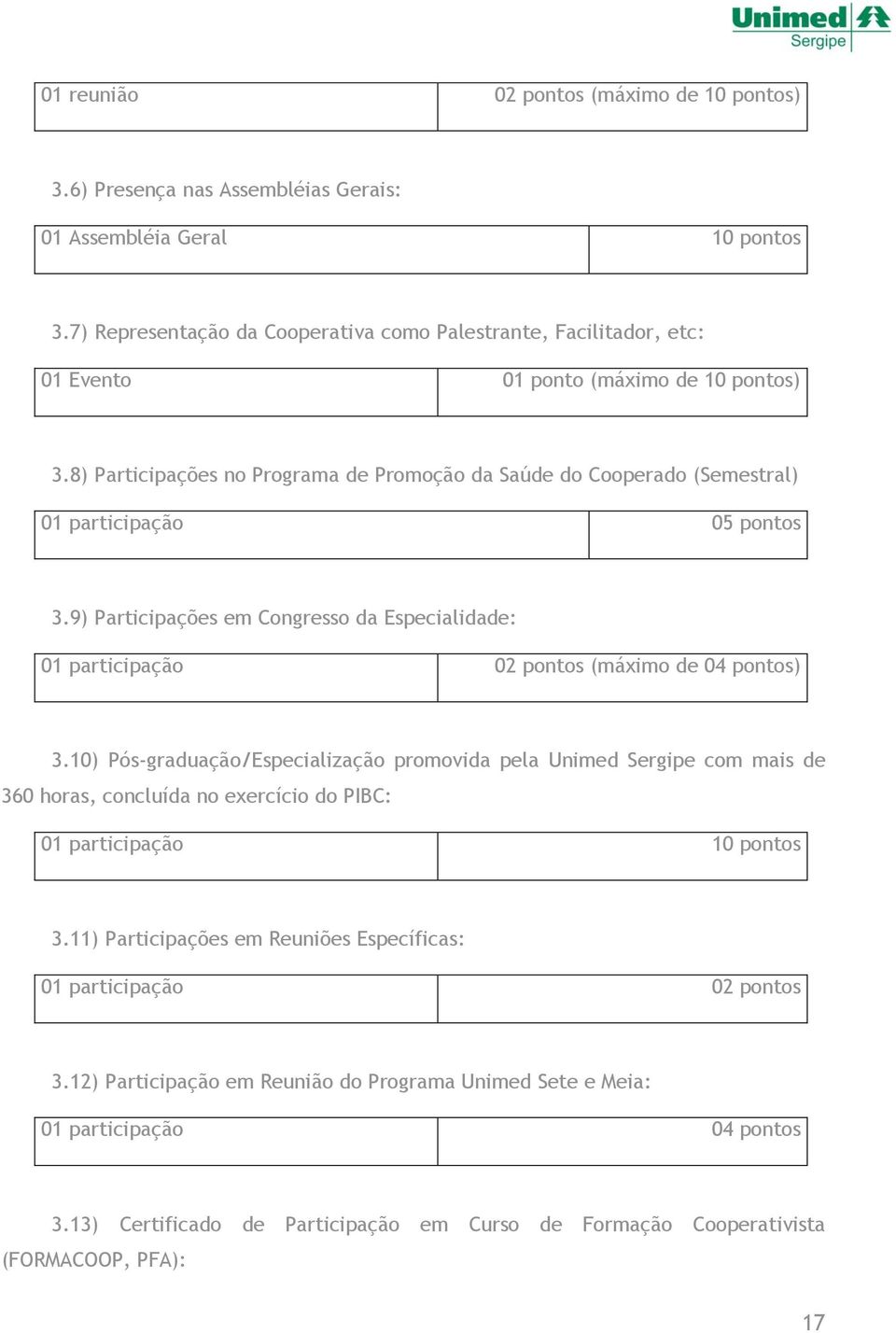 8) Participações no Programa de Promoção da Saúde do Cooperado (Semestral) 01 participação 05 pontos 3.