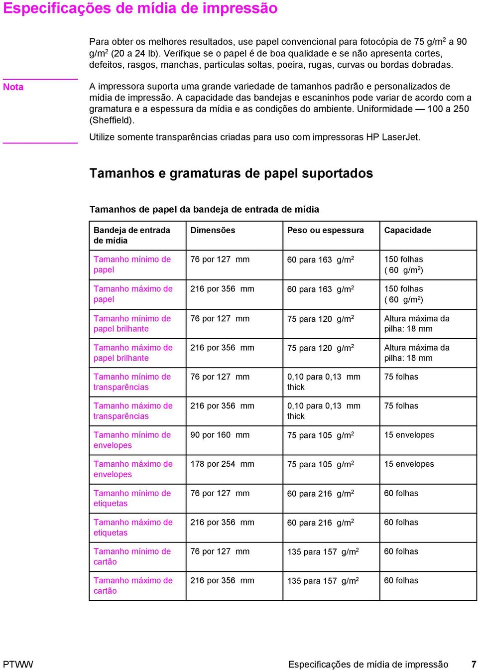 A impressora suporta uma grande variedade de tamanhos padrão e personalizados de mídia de impressão.