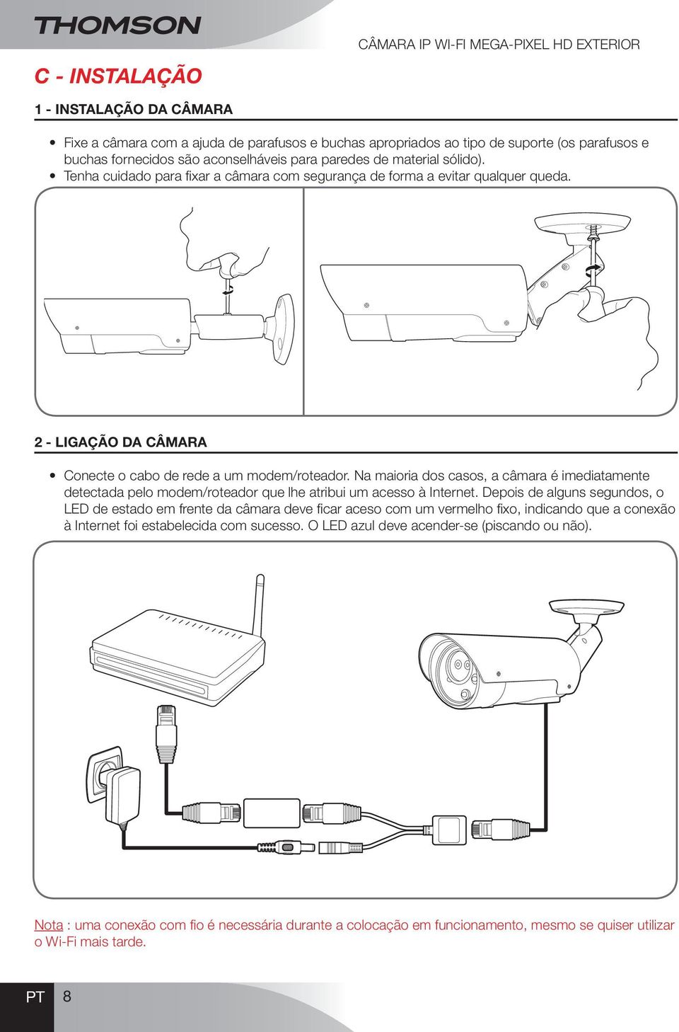 Na maioria dos casos, a câmara é imediatamente detectada pelo modem/roteador que lhe atribui um acesso à Internet.