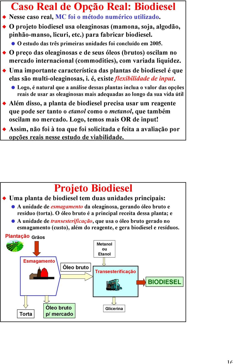 Uma importante característica das plantas de biodiesel é que elas são multi-oleaginosas, i. é, existe flexibilidade de input.