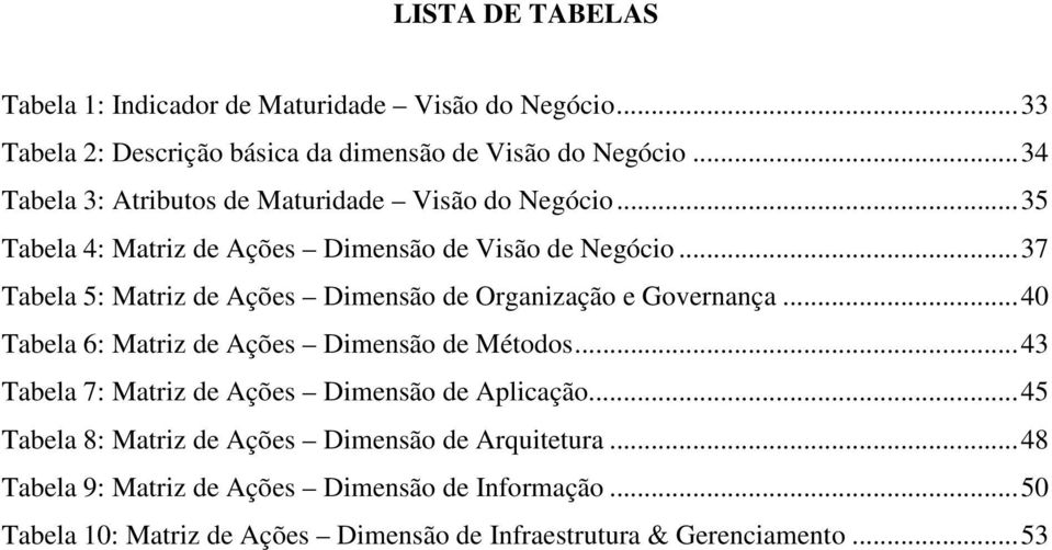 .. 37 Tabela 5: Matriz de Ações Dimensão de Organização e Governança... 40 Tabela 6: Matriz de Ações Dimensão de Métodos.