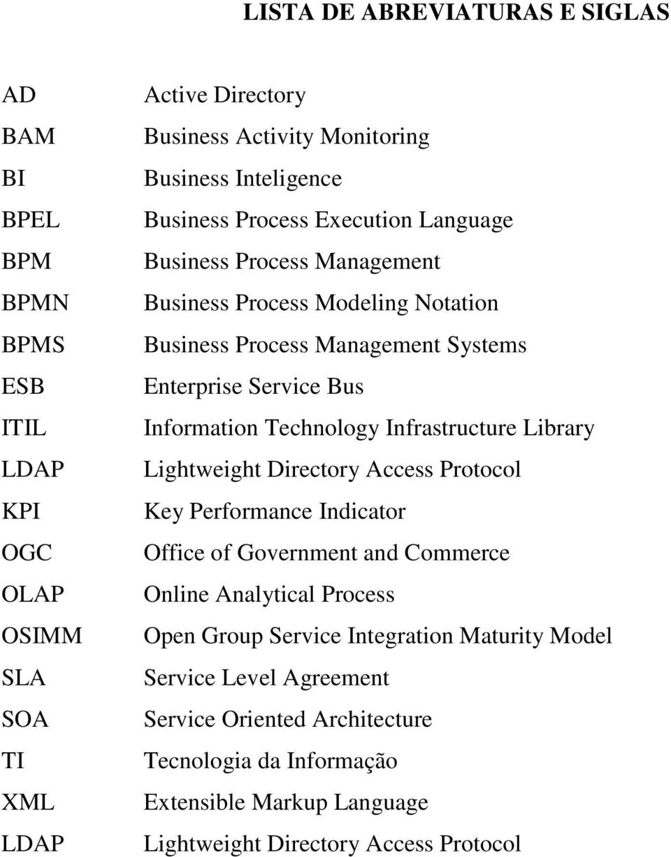 Information Technology Infrastructure Library Lightweight Directory Access Protocol Key Performance Indicator Office of Government and Commerce Online Analytical Process Open