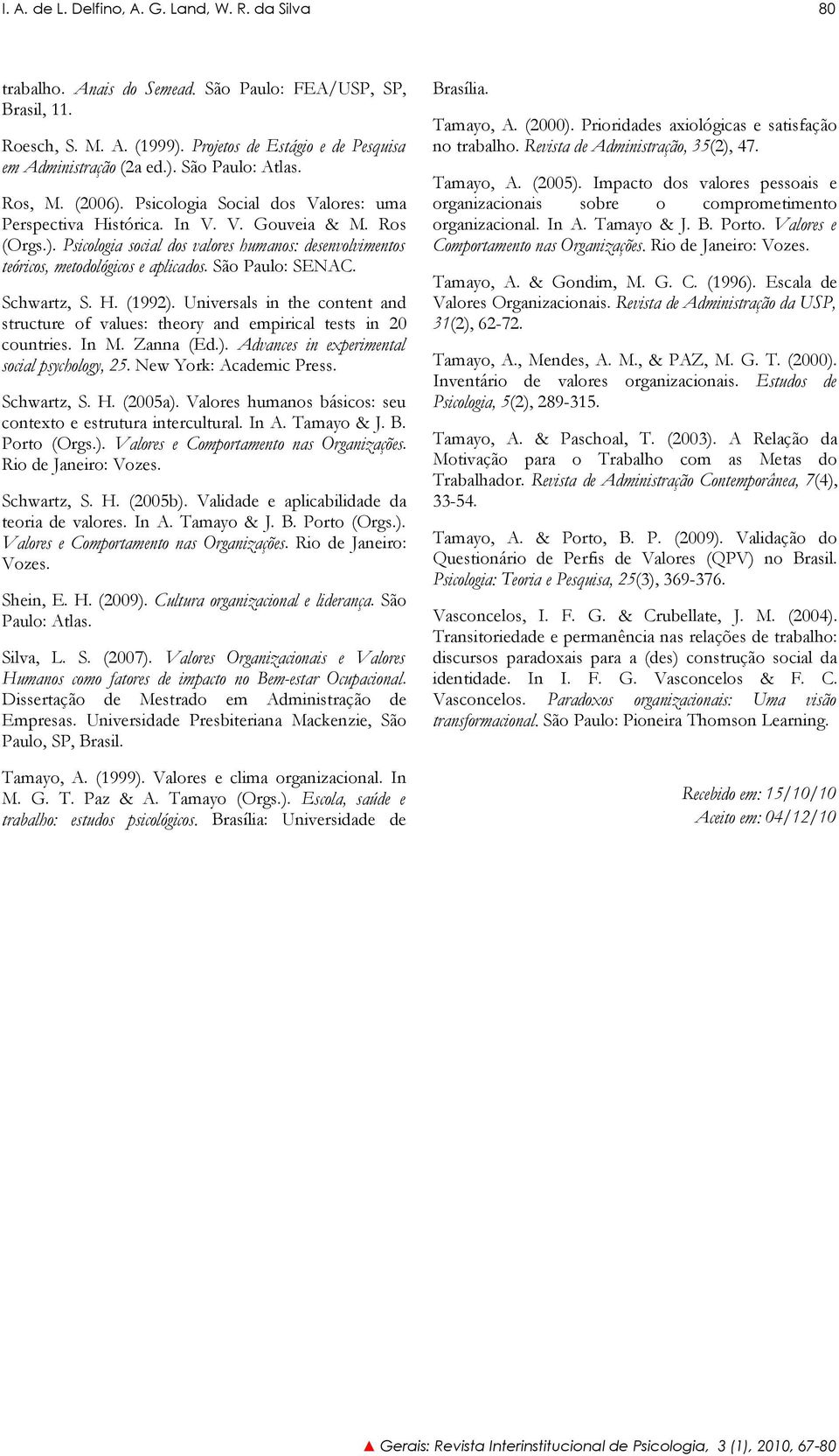 São Paulo: SENAC. Schwartz, S. H. (1992). Universals in the content and structure of values: theory and empirical tests in 20 countries. In M. Zanna (Ed.). Advances in experimental social psychology, 25.