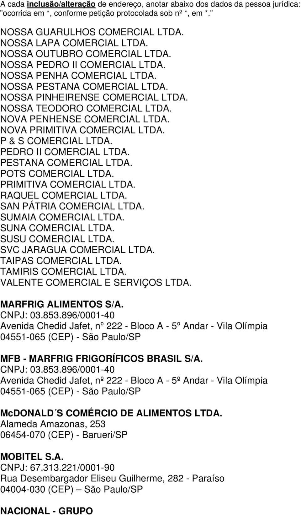 POTS COMERCIAL LTDA. PRIMITIVA COMERCIAL LTDA. RAQUEL COMERCIAL LTDA. SAN PÁTRIA COMERCIAL LTDA. SUMAIA COMERCIAL LTDA. SUNA COMERCIAL LTDA. SUSU COMERCIAL LTDA. SVC JARAGUA COMERCIAL LTDA.