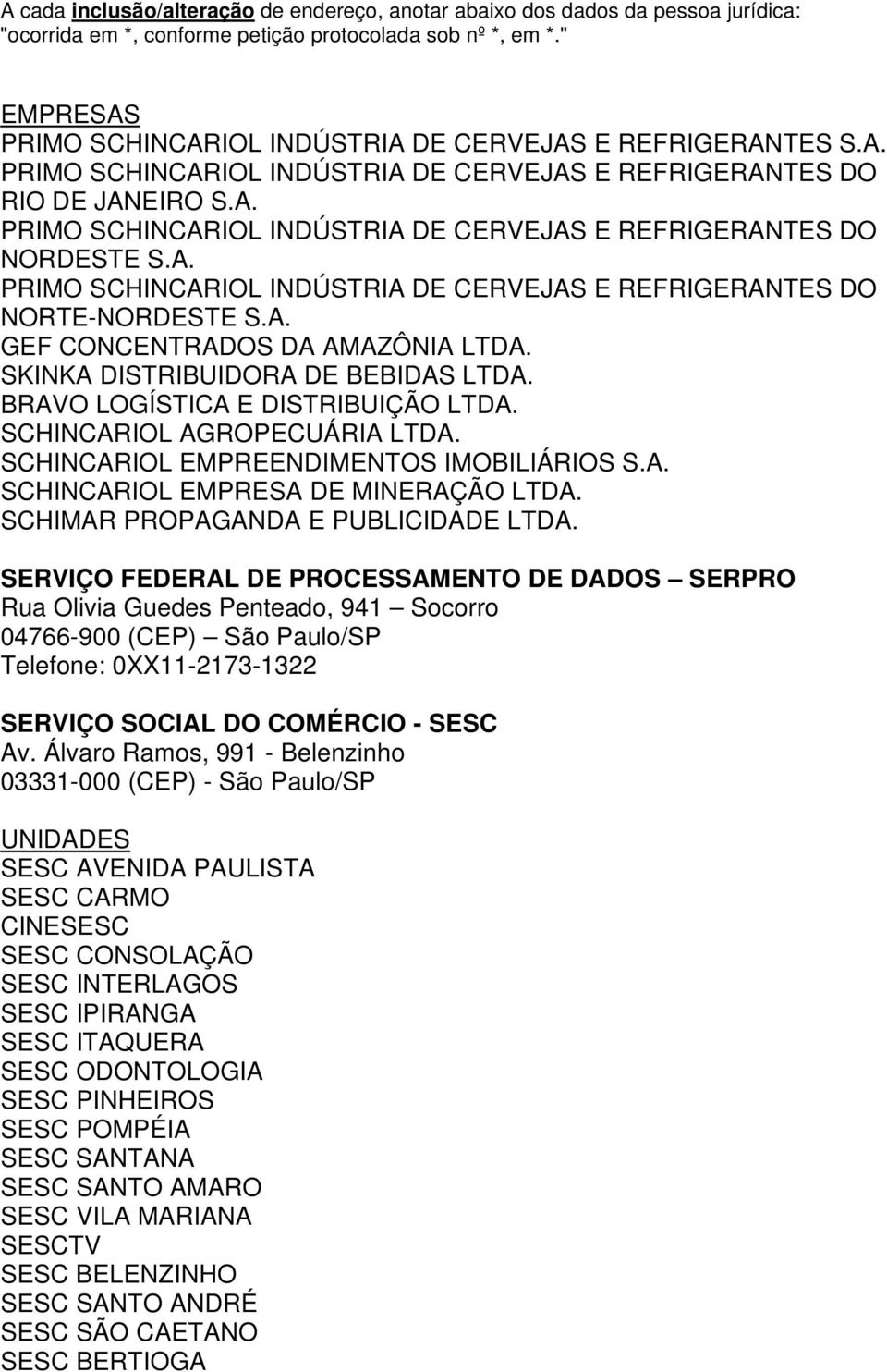 SCHINCARIOL AGROPECUÁRIA LTDA. SCHINCARIOL EMPREENDIMENTOS IMOBILIÁRIOS S.A. SCHINCARIOL EMPRESA DE MINERAÇÃO LTDA. SCHIMAR PROPAGANDA E PUBLICIDADE LTDA.