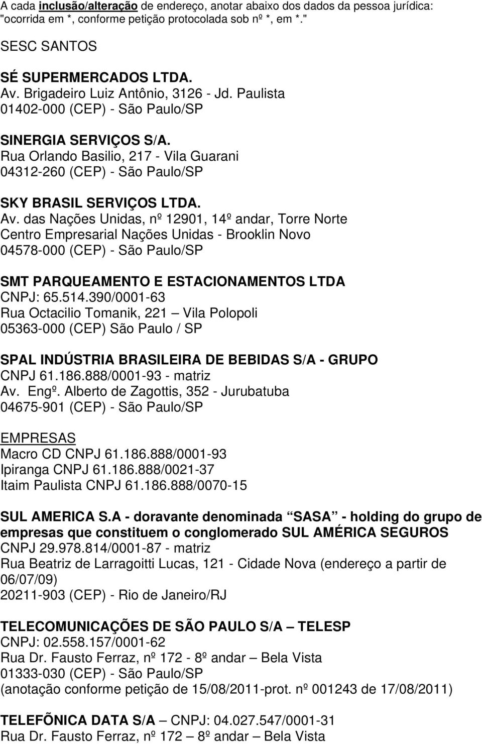 das Nações Unidas, nº 12901, 14º andar, Torre Norte Centro Empresarial Nações Unidas - Brooklin Novo 04578-000 (CEP) - São Paulo/SP SMT PARQUEAMENTO E ESTACIONAMENTOS LTDA CNPJ: 65.514.