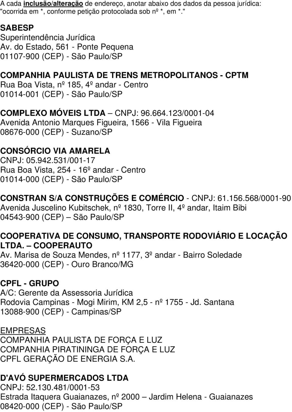 LTDA CNPJ: 96.664.123/0001-04 Avenida Antonio Marques Figueira, 1566 - Vila Figueira 08676-000 (CEP) - Suzano/SP CONSÓRCIO VIA AMARELA CNPJ: 05.942.