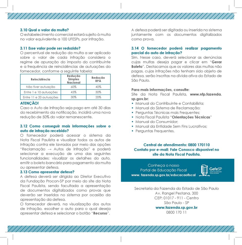 conforme a seguinte tabela: Reincidência Não tiver autuação Entre 1 e 10 autuações Entre 11 e 20 autuações Redução Simples Nacional 60% 40% 45% 30% Redução RPA 30% 20% Caso o Auto de Infração seja