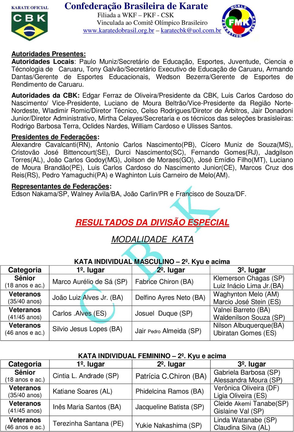 Autoridades da CBK: Edgar Ferraz de Oliveira/Presidente da CBK, Luis Carlos Cardoso do Nascimento/ Vice-Presidente, Luciano de Moura Beltrão/Vice-Presidente da Região Norte- Nordeste, Wladimir