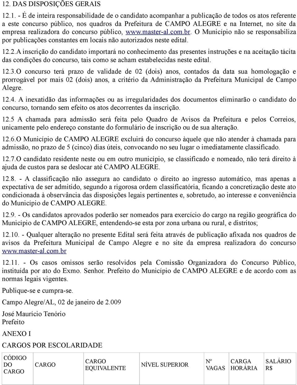 2.A inscrição do candidato importará no conhecimento das presentes instruções e na aceitação tácita das condições do concurso, tais como se acham estabelecidas neste edital. 12.3.