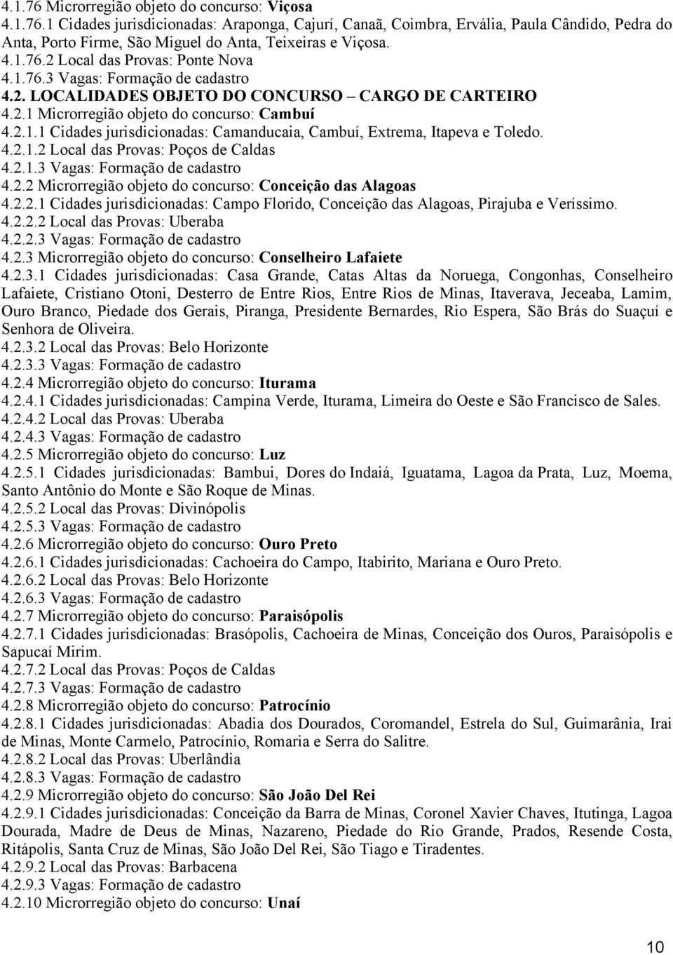 4.2.1.2 Local das Provas: Poços de Caldas 4.2.1.3 Vagas: Formação de cadastro 4.2.2 Microrregião objeto do concurso: Conceição das Alagoas 4.2.2.1 Cidades jurisdicionadas: Campo Florido, Conceição das Alagoas, Pirajuba e Veríssimo.