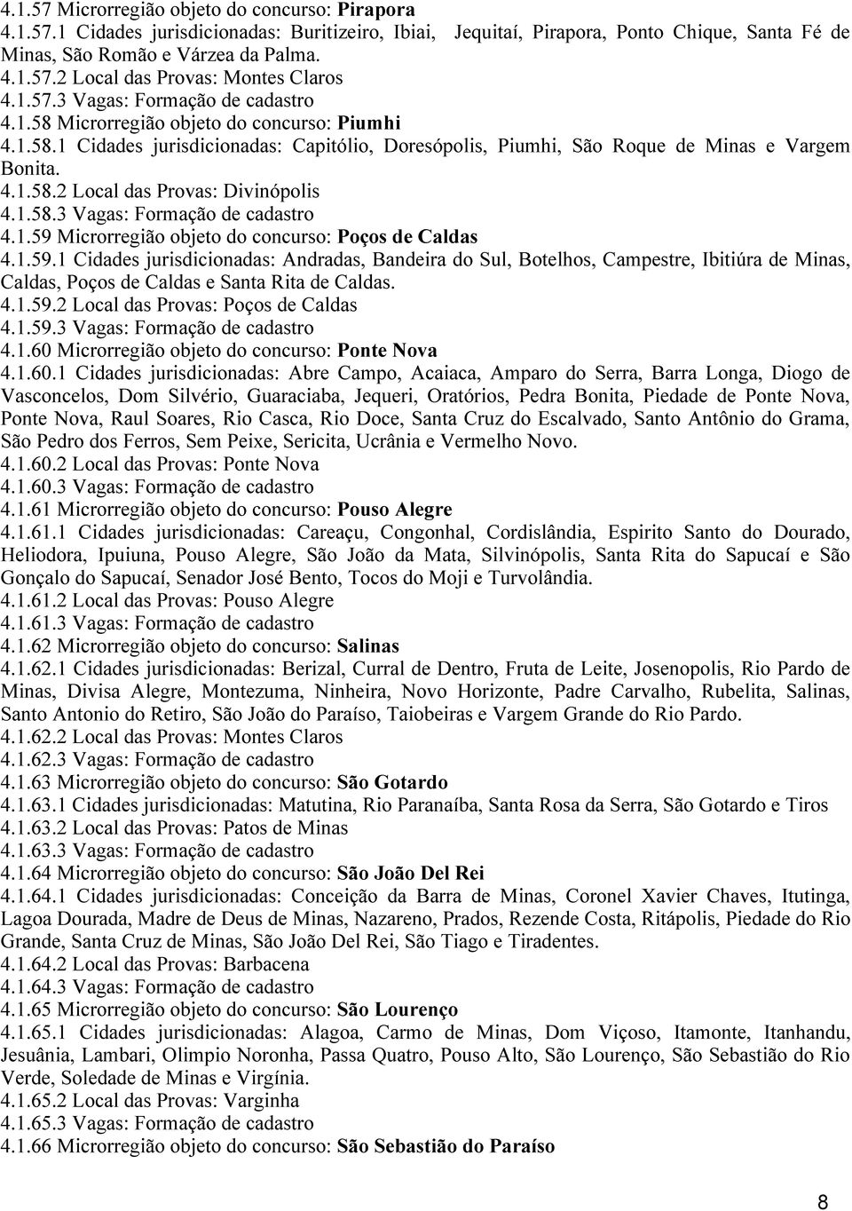 1.58.3 Vagas: Formação de cadastro 4.1.59 Microrregião objeto do concurso: Poços de Caldas 4.1.59.1 Cidades jurisdicionadas: Andradas, Bandeira do Sul, Botelhos, Campestre, Ibitiúra de Minas, Caldas, Poços de Caldas e Santa Rita de Caldas.